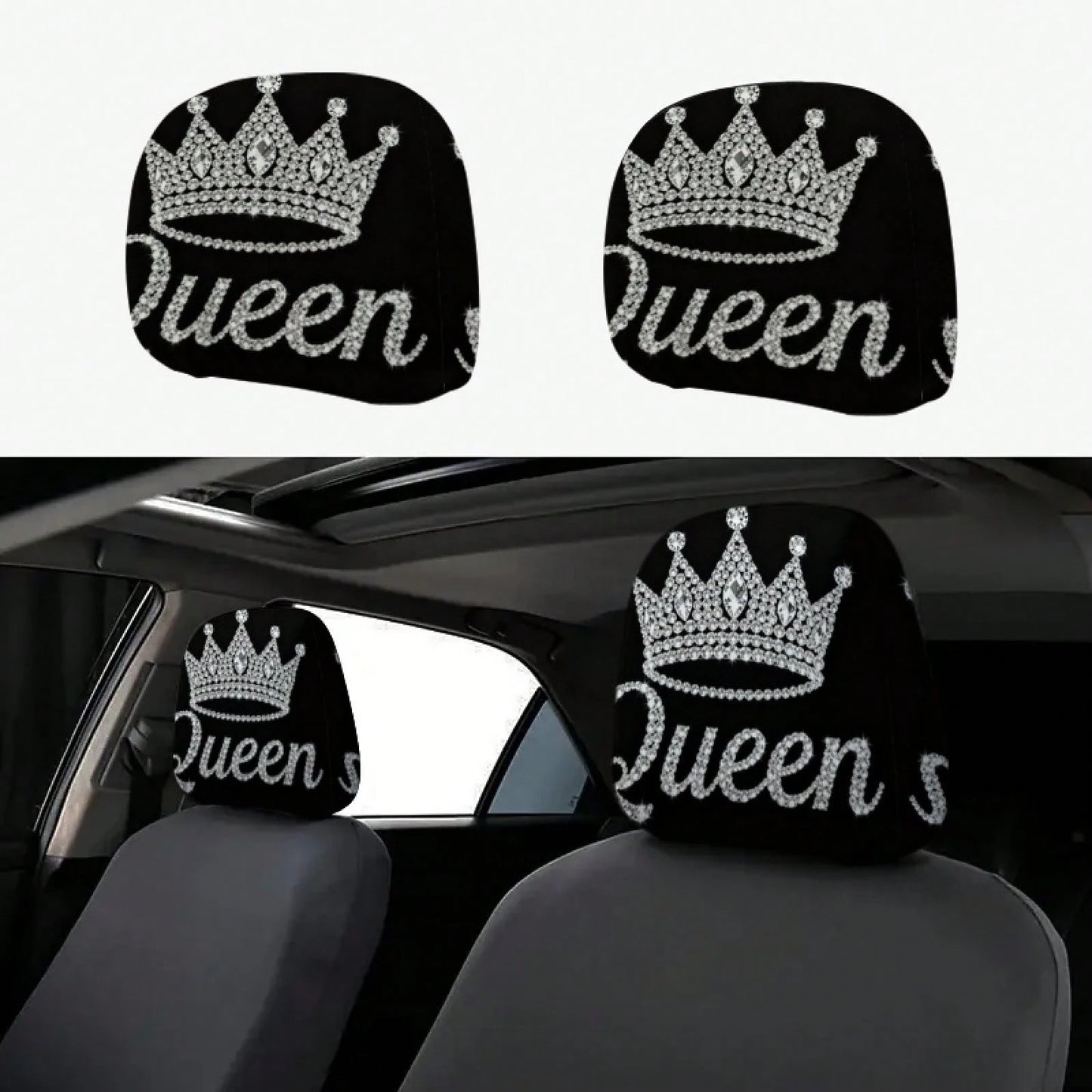 Diamond Queen Crown Pattern Printed Car Headrest Protector, 2D Flat, Suitable For Travel/Car Interior Decoration/Festive Fashion Interior Decoration, Car Seat Cover, Car Accessories, Suitable For All