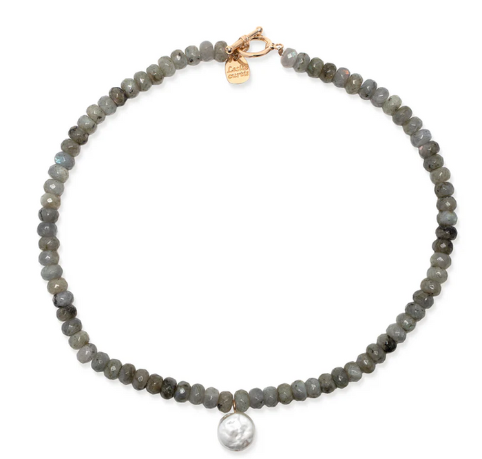 Diana Smokey Quartz Stone Necklace w/Pearl Disc