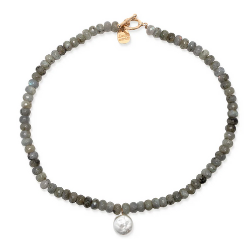 Diana Smokey Quartz Stone Necklace w/Pearl Disc