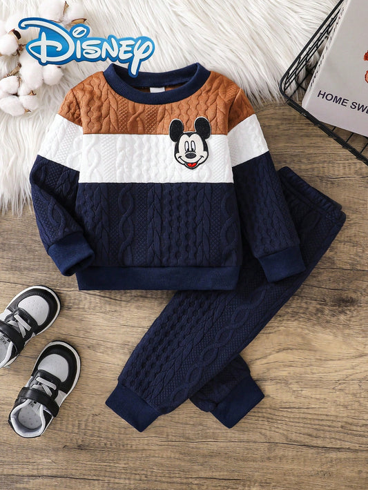 Disney Autumn/Winter Mickey Mouse Cute Long Sleeve Sweatshirt And Pants Set With Cartoon Pattern, Slight Stretch, Suitable For Newborn Baby Daily Wear As Holiday Gift