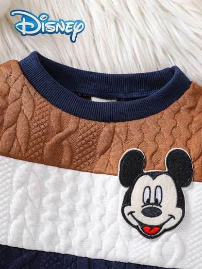 Disney Autumn/Winter Mickey Mouse Cute Long Sleeve Sweatshirt And Pants Set With Cartoon Pattern, Slight Stretch, Suitable For Newborn Baby Daily Wear As Holiday Gift