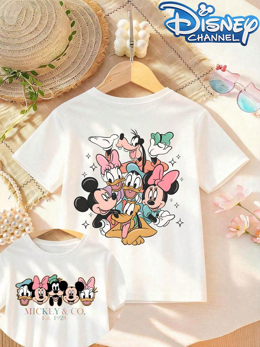 Disney-Licensed Casual And Simple Crew Neck Short-Sleeve T-Shirt Printed With Disney Characters Mickey, Minnie, Daisy, Donald Duck, Goofy, And Others, Specially Designed For Infants And Toddlers, Suit