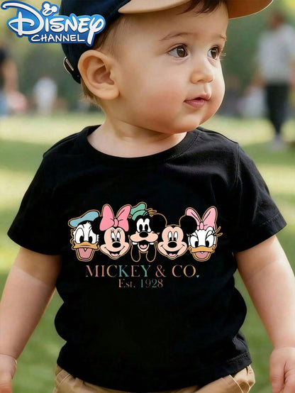 Disney-Licensed Casual And Simple Crew Neck Short-Sleeve T-Shirt Printed With Disney Characters Mickey, Minnie, Daisy, Donald Duck, Goofy, And Others, Specially Designed For Infants And Toddlers, Suit