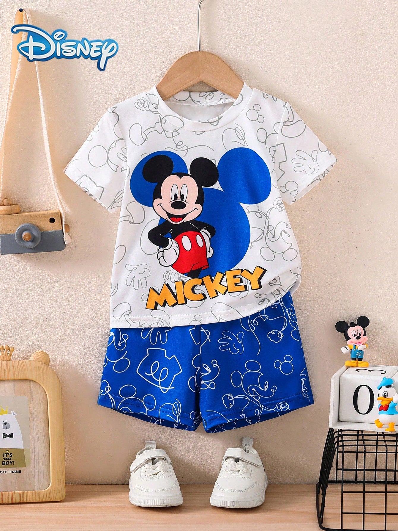 Disney Summer Baby Boys' Newborn Graphic Line Mickey Mouse Print Short Sleeve T-Shirt And Shorts Set, Cartoon Pattern With Stretch, Suitable For Infant Daily Wear, Great Gift