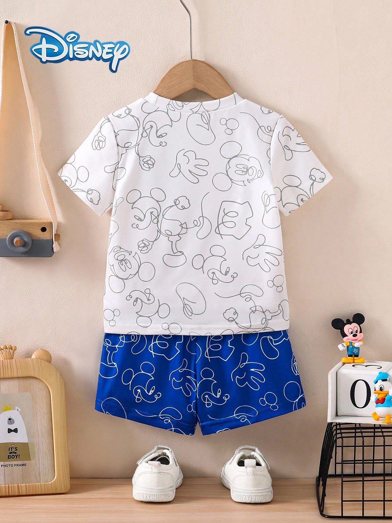 Disney Summer Baby Boys' Newborn Graphic Line Mickey Mouse Print Short Sleeve T-Shirt And Shorts Set, Cartoon Pattern With Stretch, Suitable For Infant Daily Wear, Great Gift