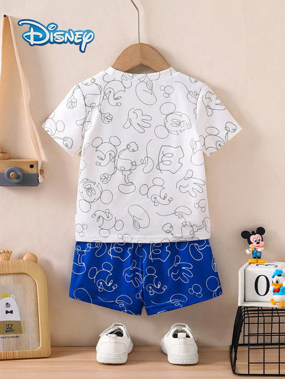 Disney Summer Baby Boys' Newborn Graphic Line Mickey Mouse Print Short Sleeve T-Shirt And Shorts Set, Cartoon Pattern With Stretch, Suitable For Infant Daily Wear, Great Gift