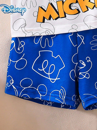 Disney Summer Baby Boys' Newborn Graphic Line Mickey Mouse Print Short Sleeve T-Shirt And Shorts Set, Cartoon Pattern With Stretch, Suitable For Infant Daily Wear, Great Gift