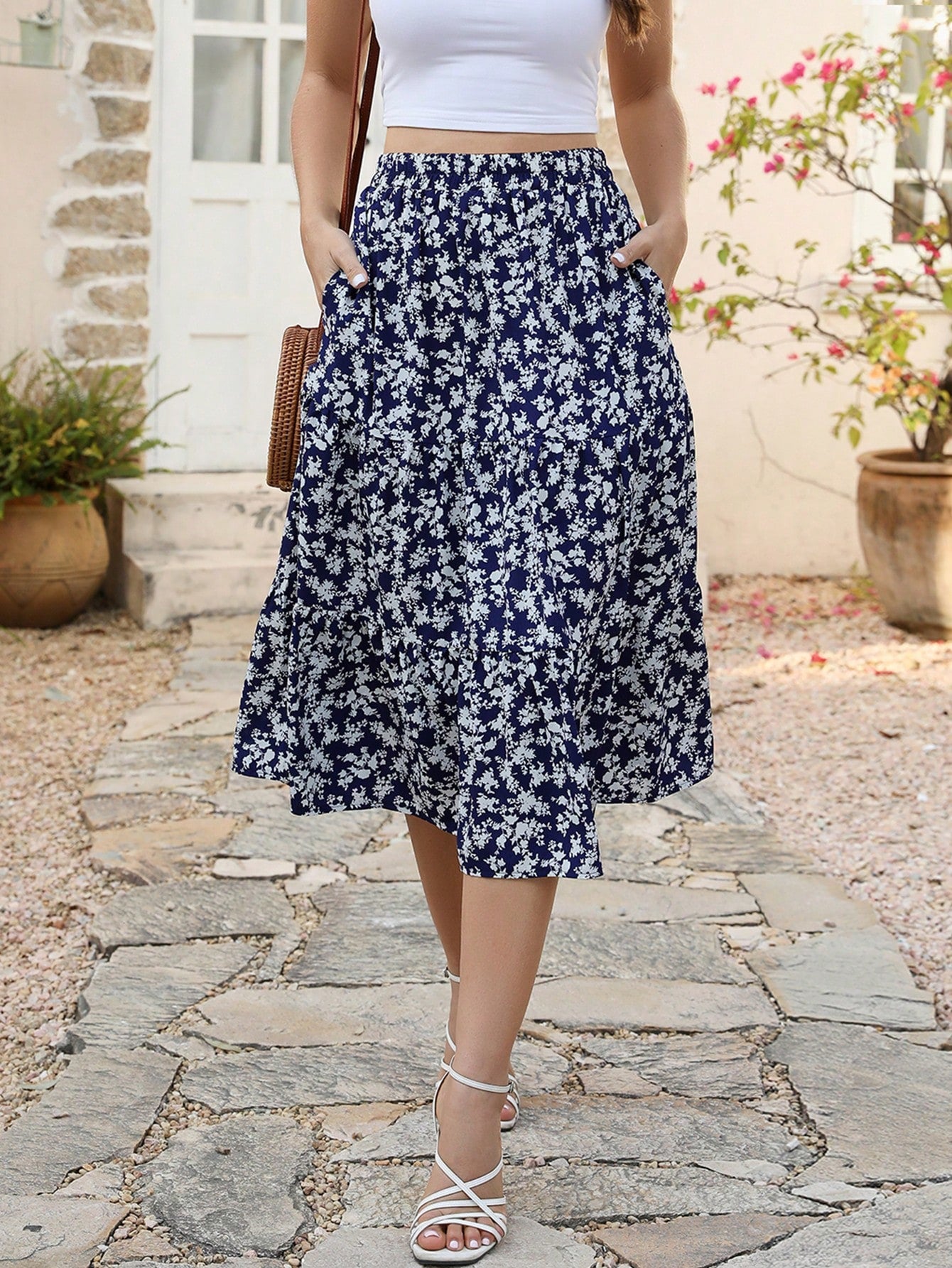 Ditsy Floral Print Slant Pocket Ruffle Hem Skirt Summer Elegant Vacation