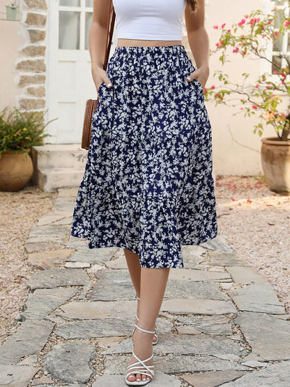 Ditsy Floral Print Slant Pocket Ruffle Hem Skirt Summer Elegant Vacation
