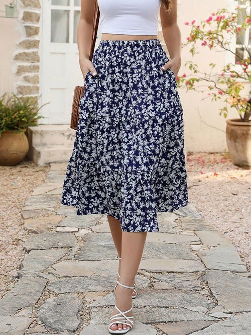 Ditsy Floral Print Slant Pocket Ruffle Hem Skirt Summer Elegant Vacation