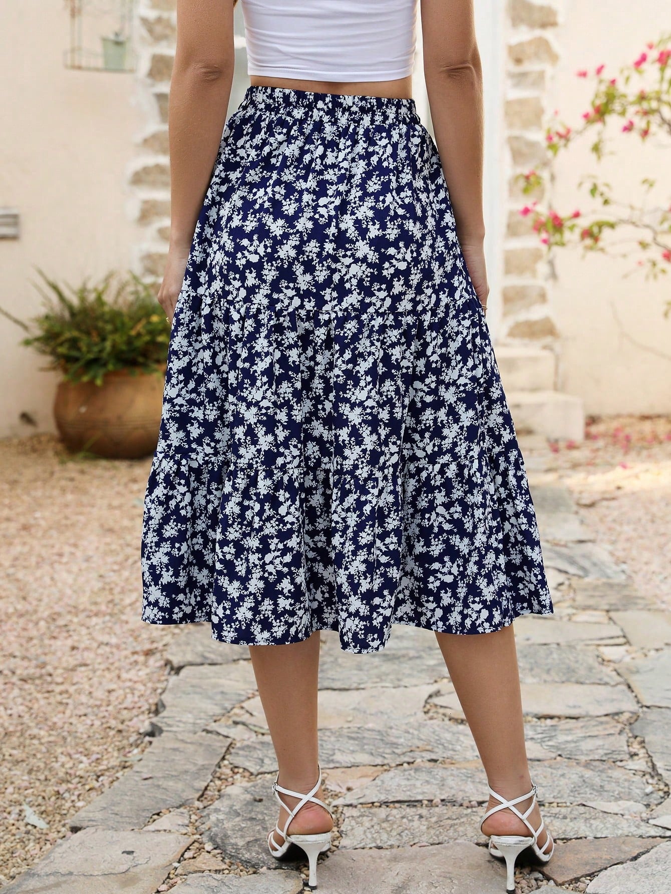 Ditsy Floral Print Slant Pocket Ruffle Hem Skirt Summer Elegant Vacation