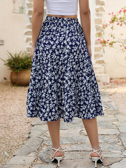 Ditsy Floral Print Slant Pocket Ruffle Hem Skirt Summer Elegant Vacation