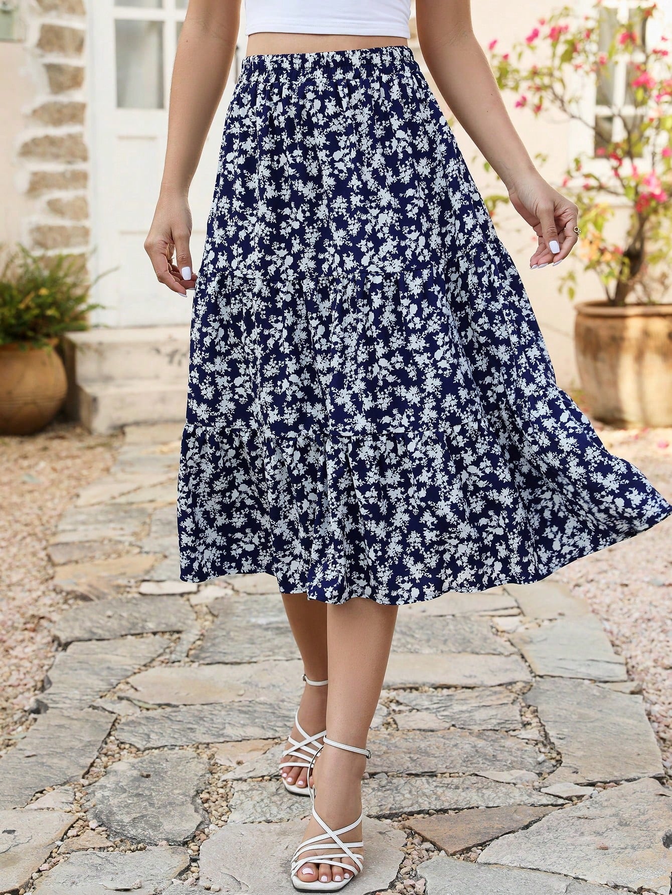 Ditsy Floral Print Slant Pocket Ruffle Hem Skirt Summer Elegant Vacation