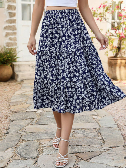 Ditsy Floral Print Slant Pocket Ruffle Hem Skirt Summer Elegant Vacation