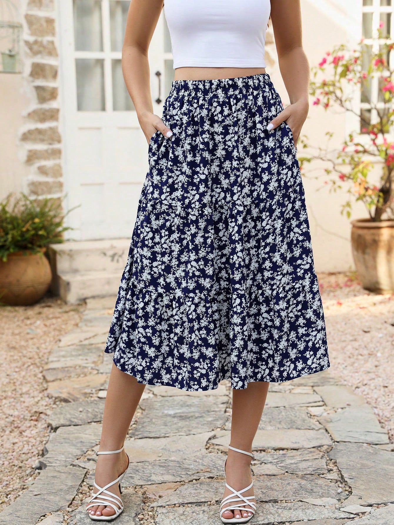 Ditsy Floral Print Slant Pocket Ruffle Hem Skirt Summer Elegant Vacation