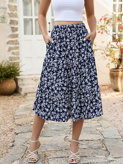 Ditsy Floral Print Slant Pocket Ruffle Hem Skirt Summer Elegant Vacation