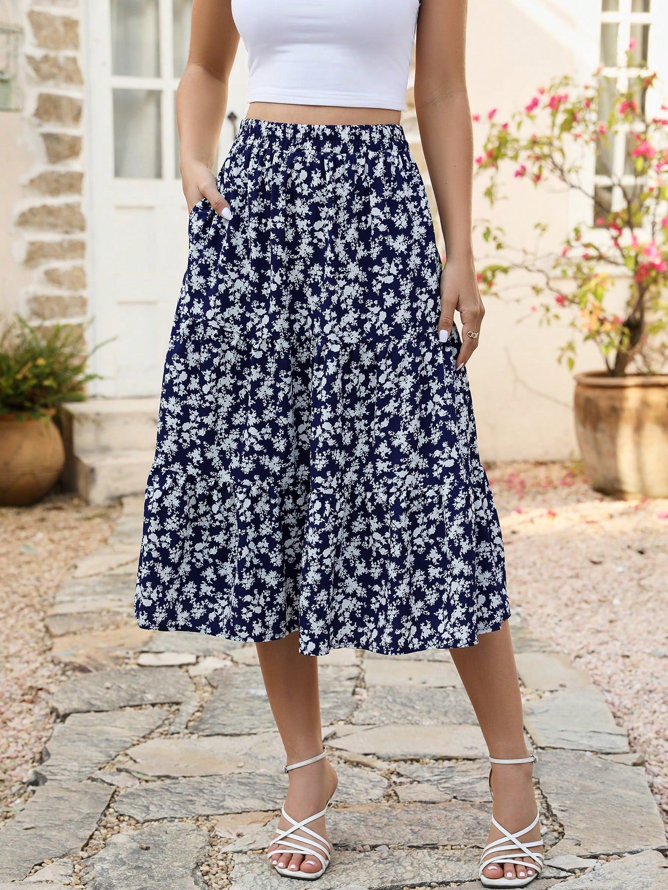 Ditsy Floral Print Slant Pocket Ruffle Hem Skirt Summer Elegant Vacation