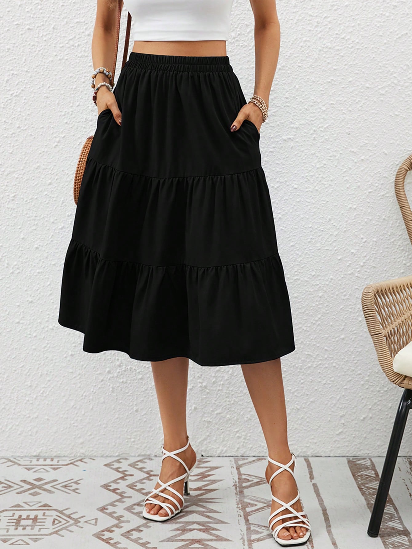 Ditsy Floral Print Slant Pocket Ruffle Hem Skirt Summer Elegant Vacation
