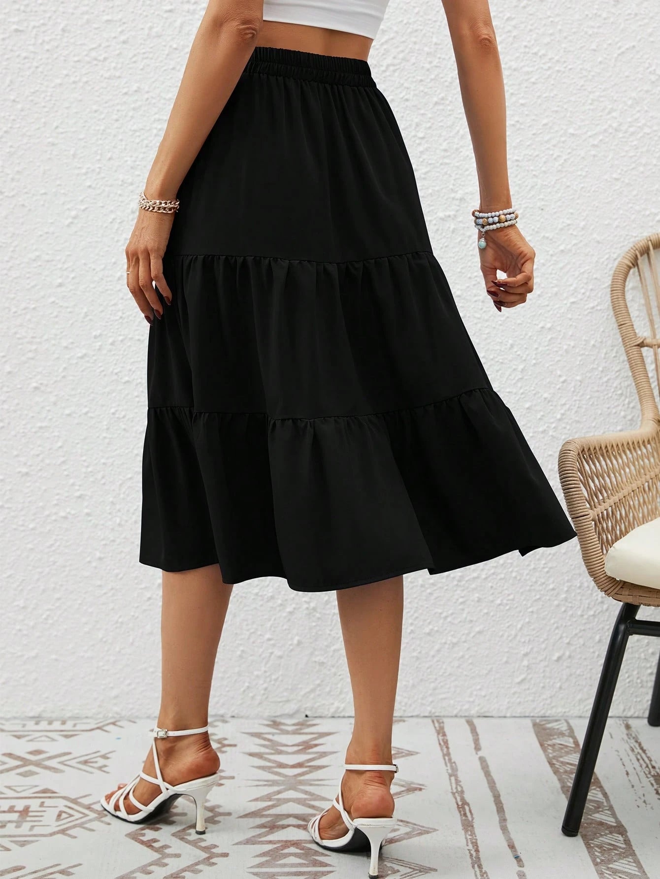 Ditsy Floral Print Slant Pocket Ruffle Hem Skirt Summer Elegant Vacation