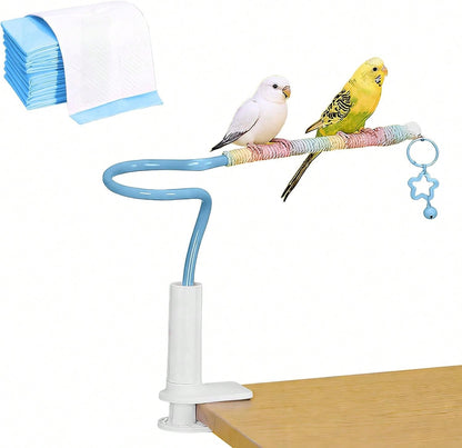 DKE&Amp;YMQ Bird Perch Stand With Pet Pad Set- Flexible Desktop Playground &Amp; Accessories For Parrots, Parakeets, Cockatiels, And Conures (Blue Medium)