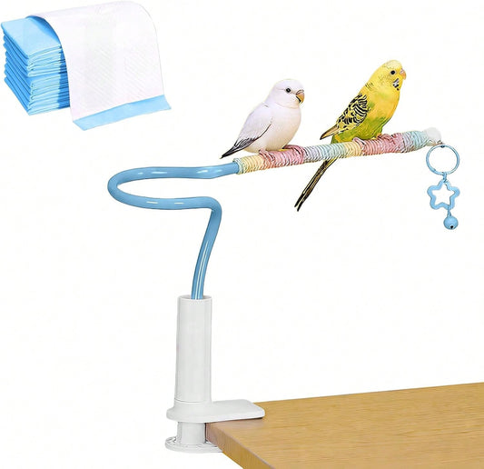 DKE&Amp;YMQ Bird Perch Stand With Pet Pad Set- Flexible Desktop Playground &Amp; Accessories For Parrots, Parakeets, Cockatiels, And Conures (Blue Medium)