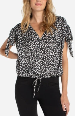 Dolman V Neck Woven Top w/ Ties Black/Cream Hearts