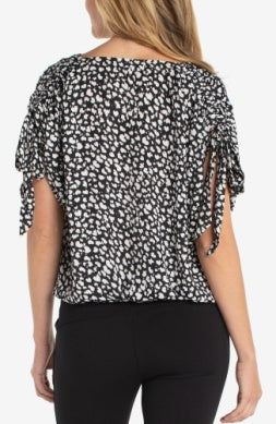 Dolman V Neck Woven Top w/ Ties Black/Cream Hearts