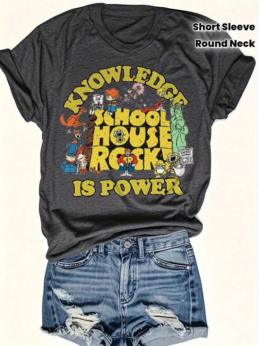 Double-Sided Printed Colored Cotton T-Shirt Comfortable, Stylish With Minimalist Design, Casual & Versatile, INS Style Knowledge School House Rocks Is Power Graphic Tees Graphic T Shirts