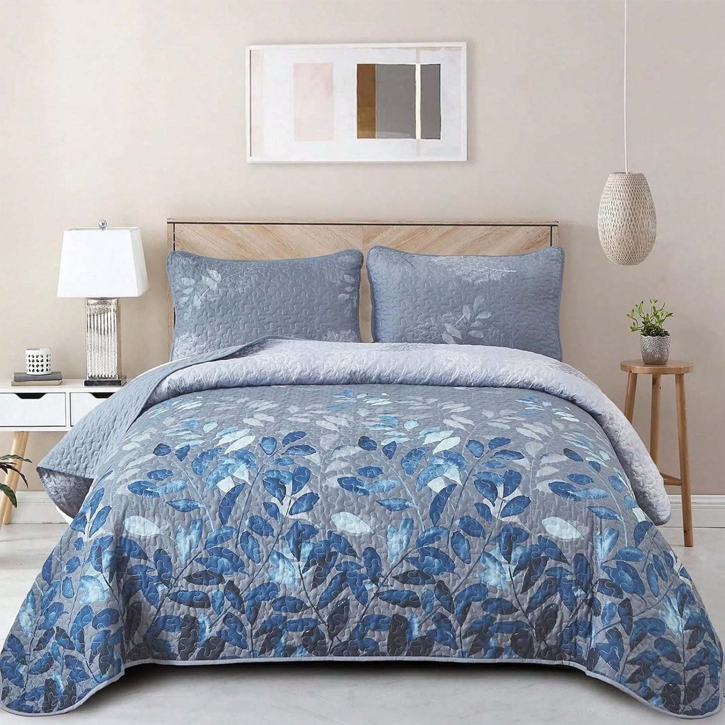 Draelibor 3 Pieces Botanical Leaves Flower Quilt Set, Pink Boho Floral Branches Full Queen King Size Bedspread Set Soft Microfiber Coverlet For All Season, Home Decor Room Decor For Mother's Day Chris