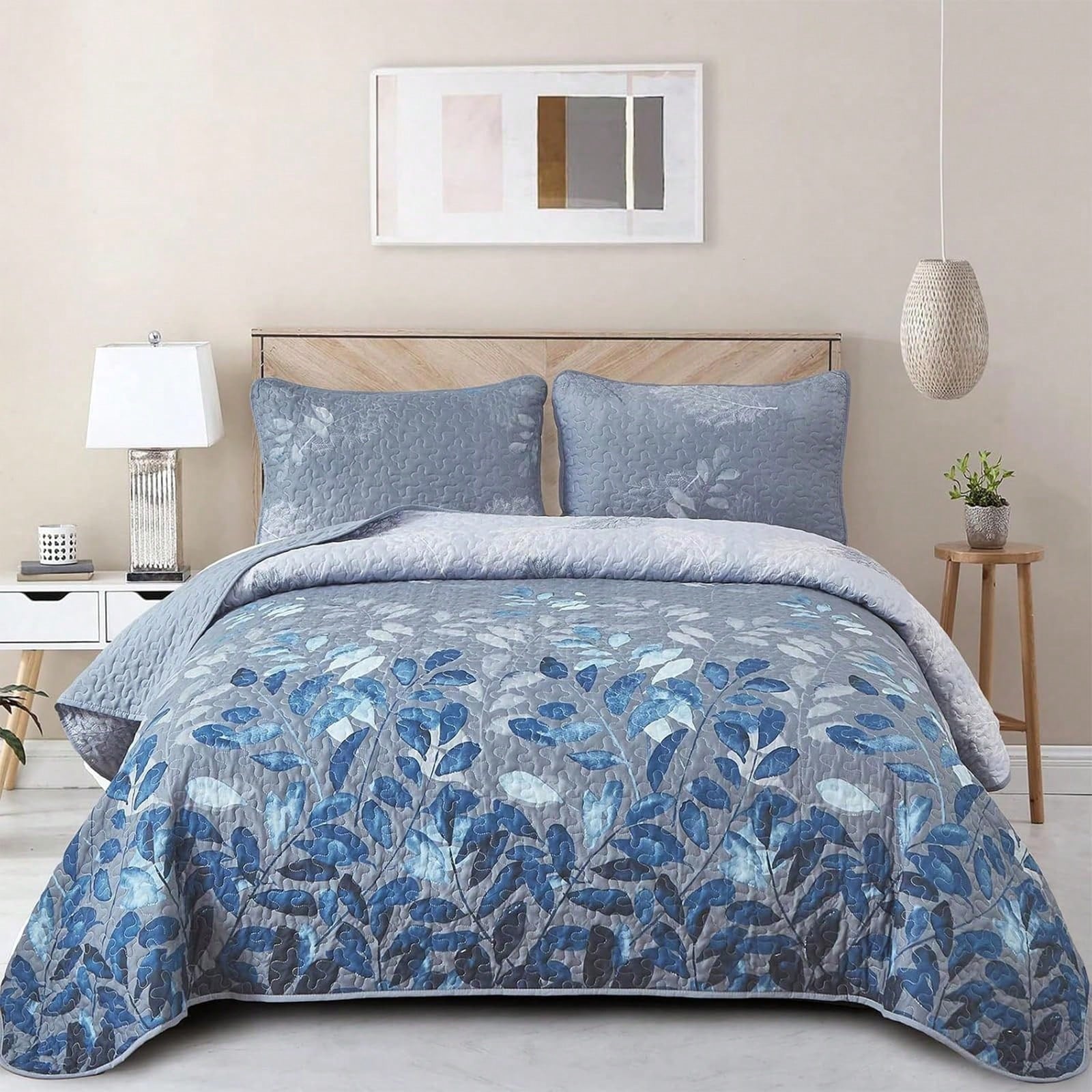 Draelibor 3 Pieces Botanical Leaves Flower Quilt Set, Pink Boho Floral Branches Full Queen King Size Bedspread Set Soft Microfiber Coverlet For All Season, Home Decor Room Decor For Mother's Day Chris