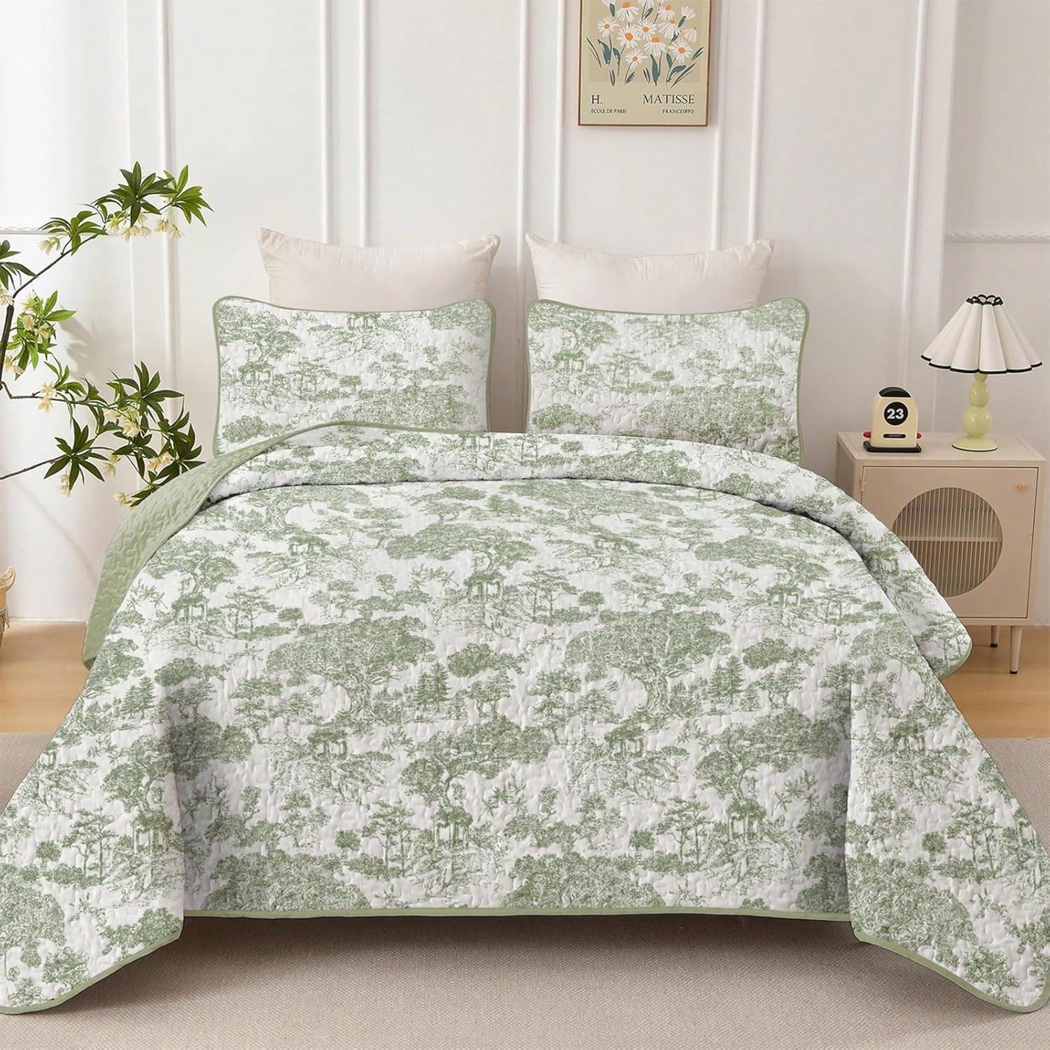 Draelibor 3 Pieces Botanical Leaves Flower Quilt Set, Pink Boho Floral Branches Full Queen King Size Bedspread Set Soft Microfiber Coverlet For All Season, Home Decor Room Decor For Mother's Day Chris
