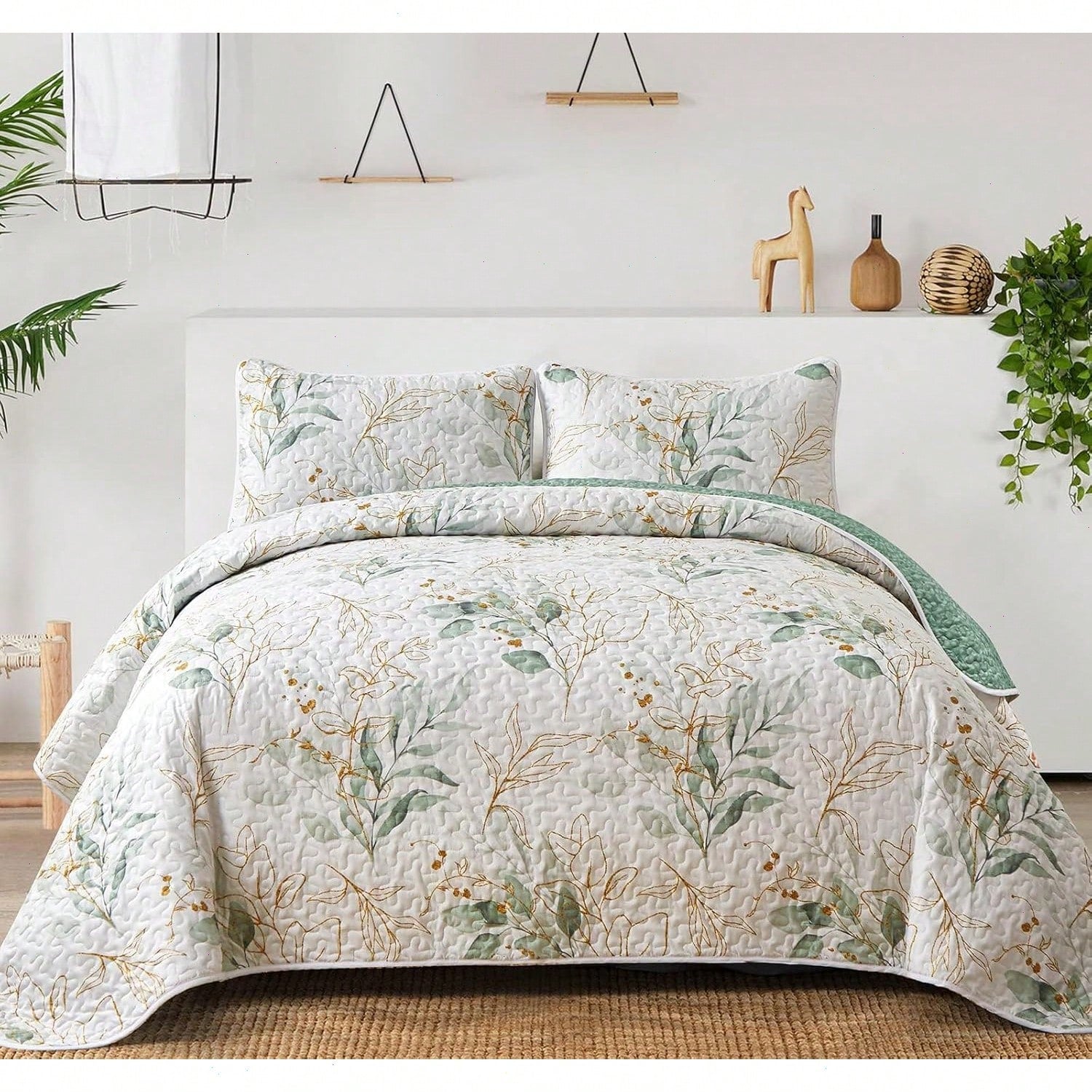 Draelibor 3 Pieces Botanical Leaves Flower Quilt Set, Pink Boho Floral Branches Full Queen King Size Bedspread Set Soft Microfiber Coverlet For All Season, Home Decor Room Decor For Mother's Day Chris