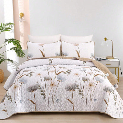Draelibor 3 Pieces Botanical Leaves Flower Quilt Set, Pink Boho Floral Branches Full Queen King Size Bedspread Set Soft Microfiber Coverlet For All Season, Home Decor Room Decor For Mother's Day Chris