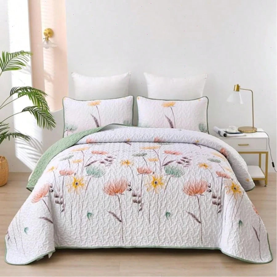 Draelibor 3 Pieces Botanical Leaves Flower Quilt Set, Pink Boho Floral Branches Full Queen King Size Bedspread Set Soft Microfiber Coverlet For All Season, Home Decor Room Decor For Mother's Day Chris