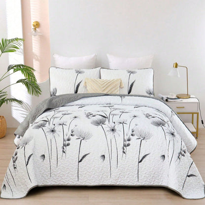 Draelibor 3 Pieces Botanical Leaves Flower Quilt Set, Pink Boho Floral Branches Full Queen King Size Bedspread Set Soft Microfiber Coverlet For All Season, Home Decor Room Decor For Mother's Day Chris