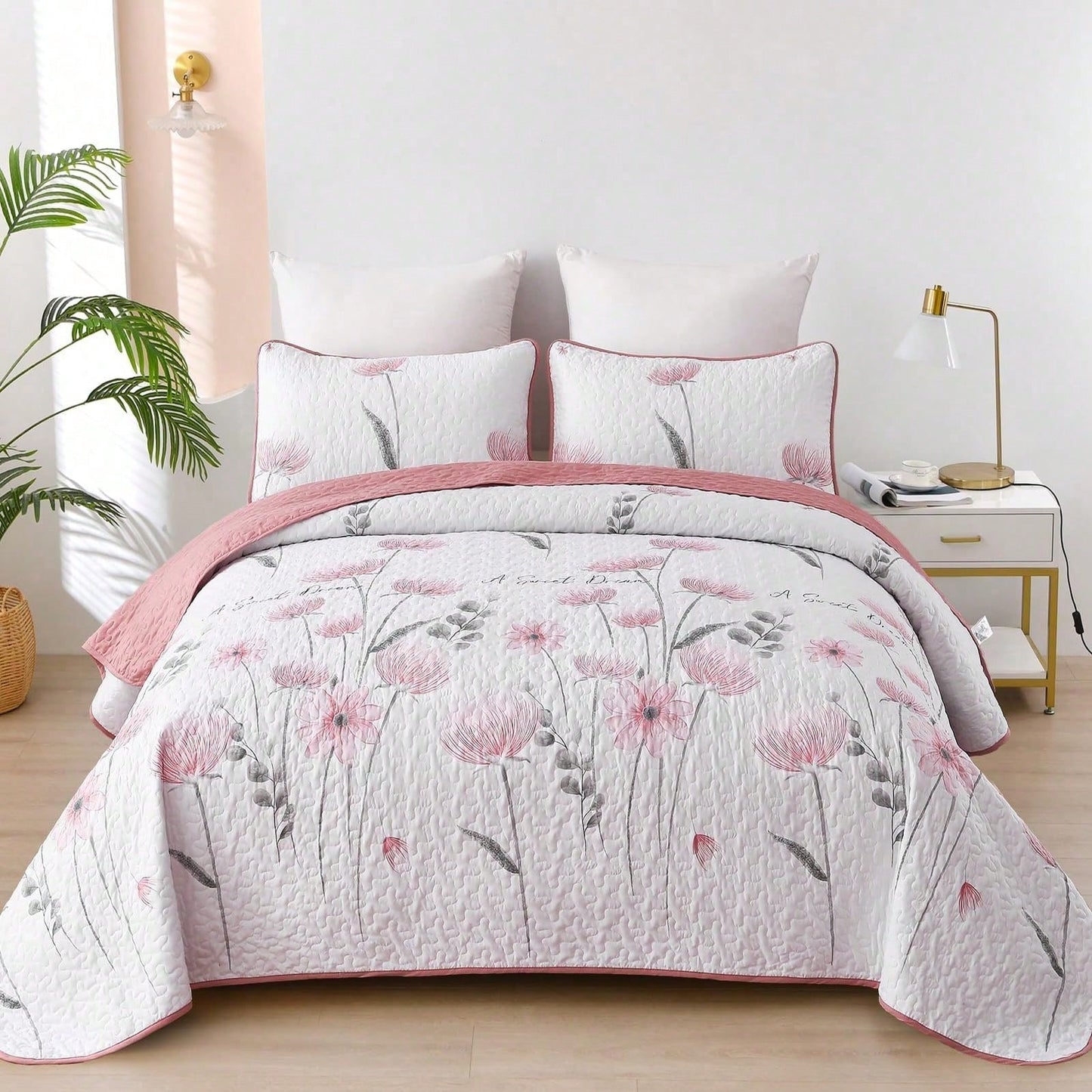 Draelibor 3 Pieces Botanical Leaves Flower Quilt Set, Pink Boho Floral Branches Full Queen King Size Bedspread Set Soft Microfiber Coverlet For All Season, Home Decor Room Decor For Mother's Day Chris
