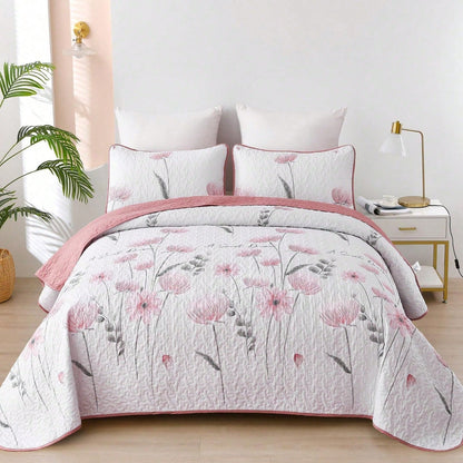 Draelibor 3 Pieces Botanical Leaves Flower Quilt Set, Pink Boho Floral Branches Full Queen King Size Bedspread Set Soft Microfiber Coverlet For All Season, Home Decor Room Decor For Mother's Day Chris