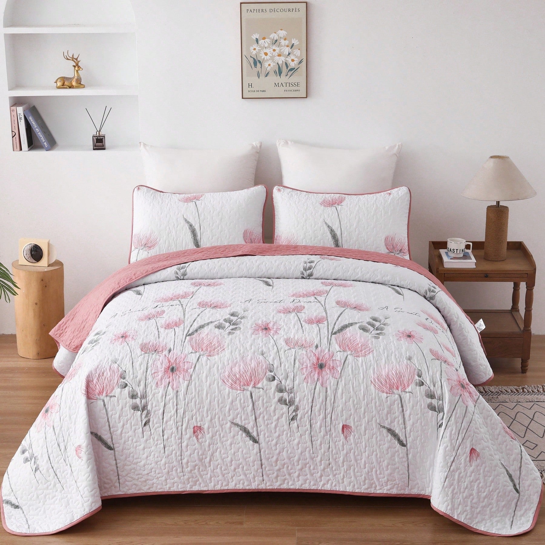 Draelibor 3 Pieces Botanical Leaves Flower Quilt Set, Pink Boho Floral Branches Full Queen King Size Bedspread Set Soft Microfiber Coverlet For All Season, Home Decor Room Decor For Mother's Day Chris