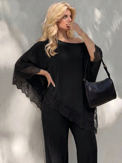 Dripcurv Plus Size Autumn Black Open Shoulder Casual Traditional Sexy Elegant Vacation Top, Lace Trim Top, Beach Wedding Evening Formal