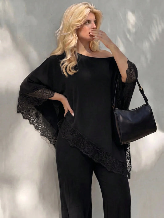 Dripcurv Plus Size Autumn Black Open Shoulder Casual Traditional Sexy Elegant Vacation Top, Lace Trim Top, Beach Wedding Evening Formal