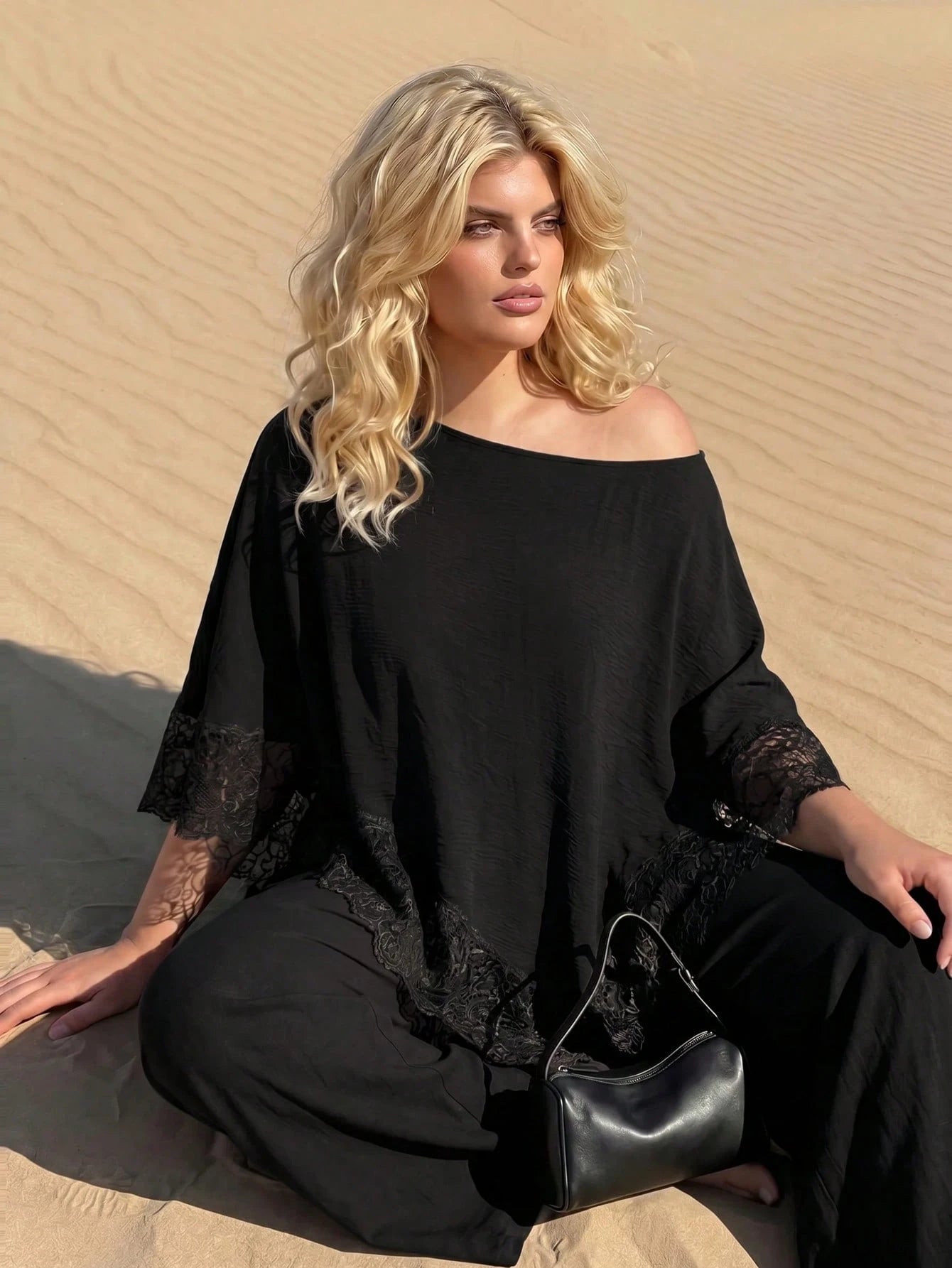 Dripcurv Plus Size Autumn Black Open Shoulder Casual Traditional Sexy Elegant Vacation Top, Lace Trim Top, Beach Wedding Evening Formal