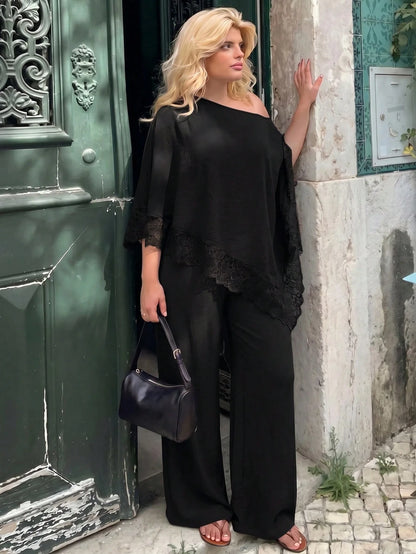 Dripcurv Plus Size Autumn Black Open Shoulder Casual Traditional Sexy Elegant Vacation Top, Lace Trim Top, Beach Wedding Evening Formal