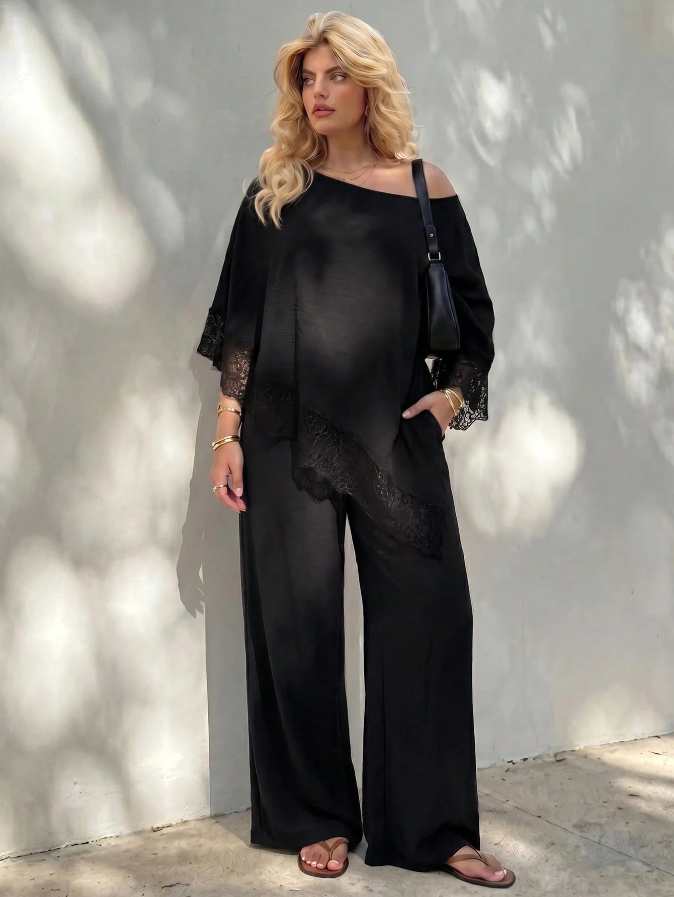 Dripcurv Plus Size Autumn Black Open Shoulder Casual Traditional Sexy Elegant Vacation Top, Lace Trim Top, Beach Wedding Evening Formal