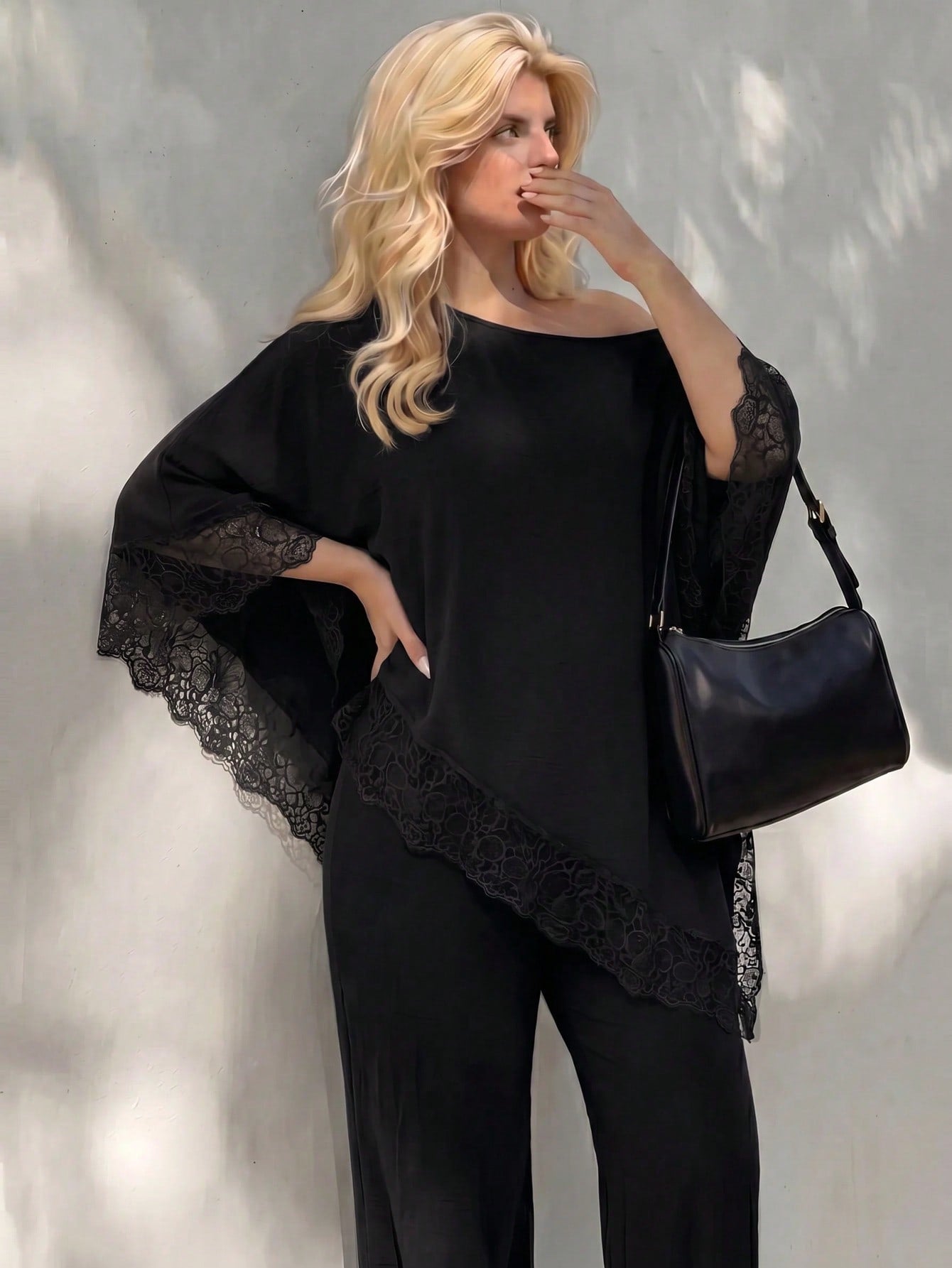 Dripcurv Plus Size Autumn Black Open Shoulder Casual Traditional Sexy Elegant Vacation Top, Lace Trim Top, Beach Wedding Evening Formal