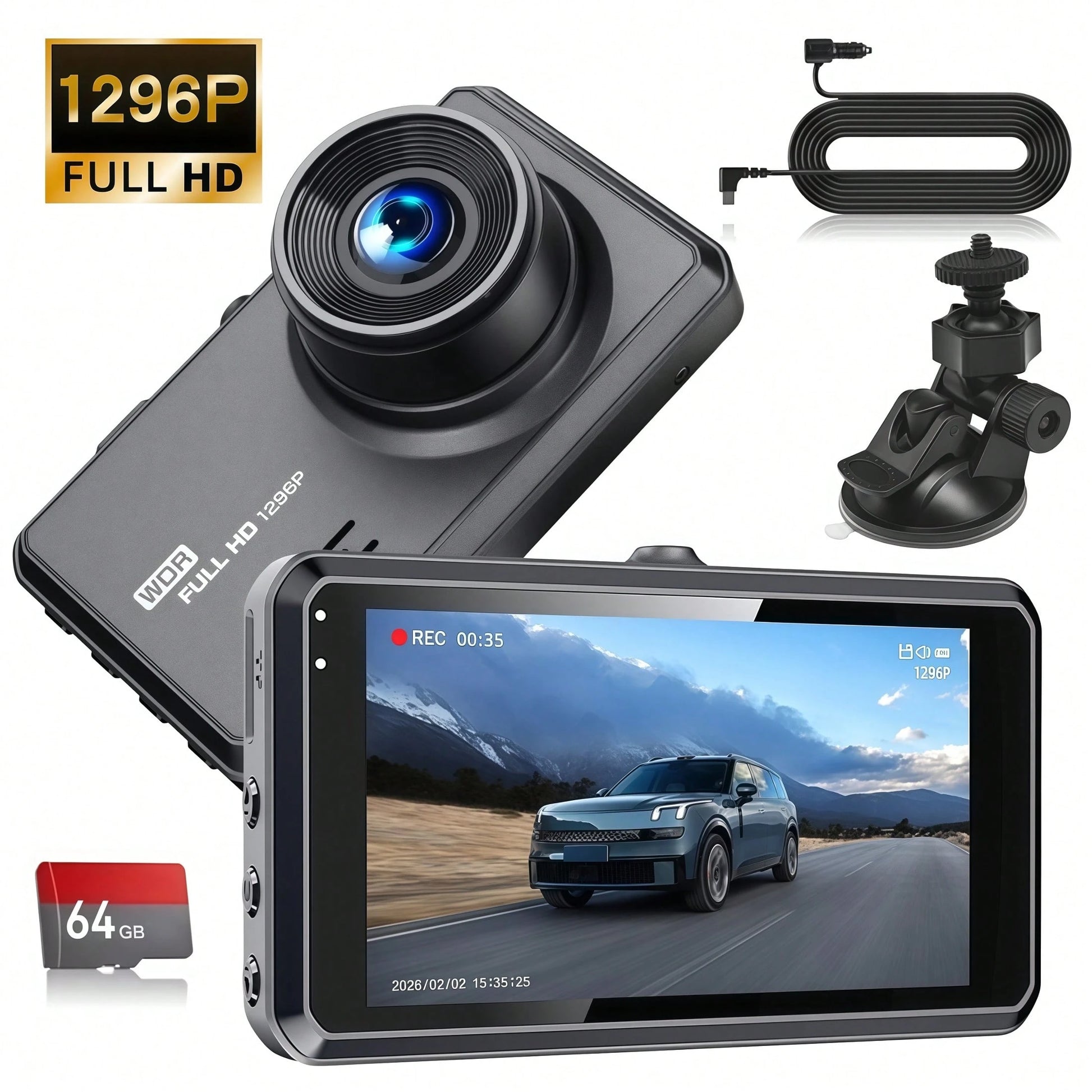 Dual-Channel Front And Rear, UHD Car Tachograph, 1296P Car Camera With Infrared Night Vision, Loop Recording, 64GB SD Card, WDR, 24-Hour Parking Mode, Loop Recording Christmas