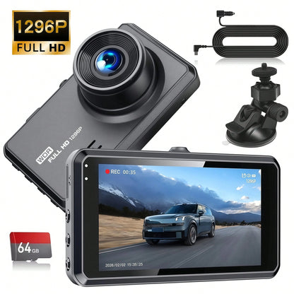 Dual-Channel Front And Rear, UHD Car Tachograph, 1296P Car Camera With Infrared Night Vision, Loop Recording, 64GB SD Card, WDR, 24-Hour Parking Mode, Loop Recording Christmas