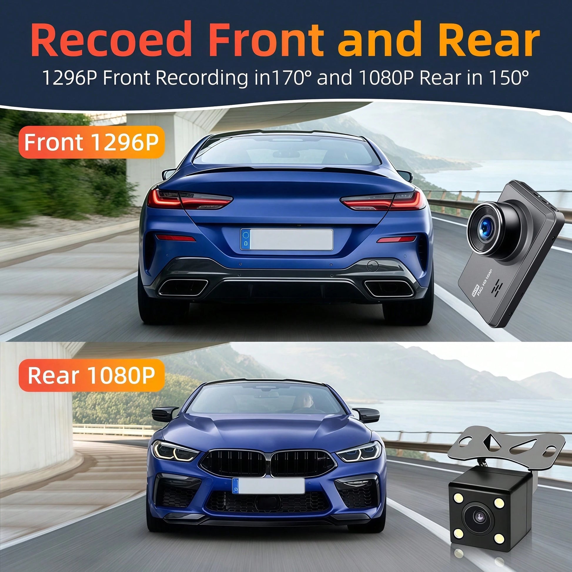 Dual-Channel Front And Rear, UHD Car Tachograph, 1296P Car Camera With Infrared Night Vision, Loop Recording, 64GB SD Card, WDR, 24-Hour Parking Mode, Loop Recording Christmas