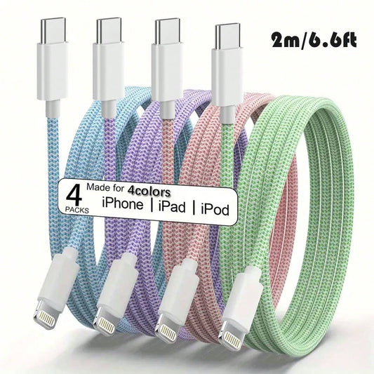Durcord [MFi Certified] 1/4pcs 2m/6.6ft/78.74in Super Long Charging Cable, Multi-Color Nylon Braided USB-C To Lightning Fast Charging Data Cable, Compatible With IPhone 11 12 13 14 6 6S 7 8 Plus X XR