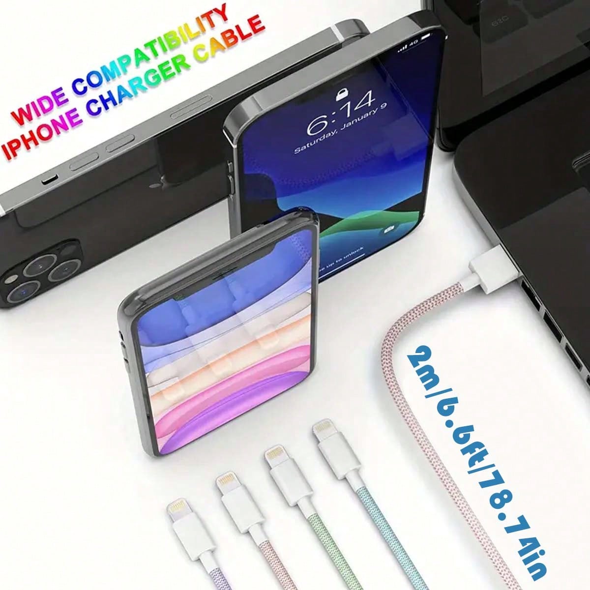 Durcord [MFi Certified] 1/4pcs 2m/6.6ft/78.74in Super Long Charging Cable, Multi-Color Nylon Braided USB-C To Lightning Fast Charging Data Cable, Compatible With IPhone 11 12 13 14 6 6S 7 8 Plus X XR