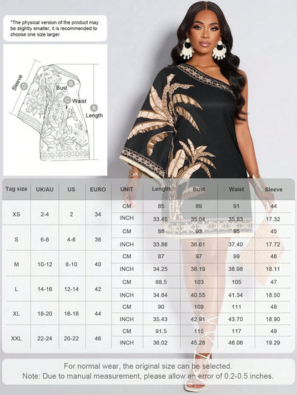 Early Autumn Black Tropical Plant Print One Shoulder Short Dress, Women's Elegant Beach Vacation Party Dress Summer